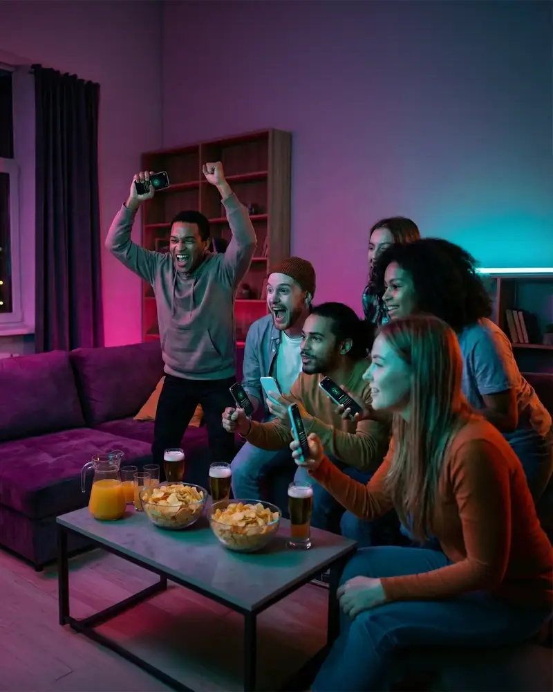 Un groupe d’amis sur un canapé, téléphone en main, réagit devant la télé pendant une partie.