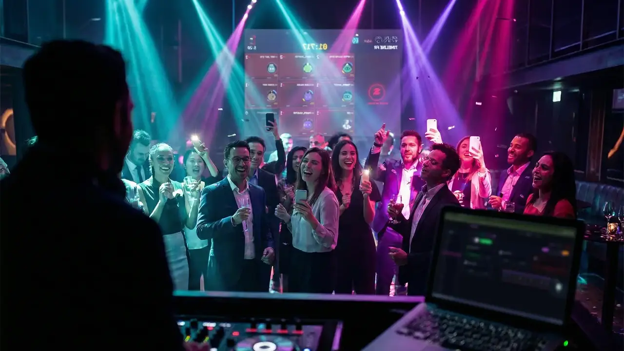 Une soirée blind test dans un bar : le public, téléphone en main, devant le grand écran de la partie.